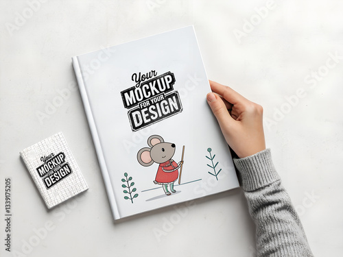Mini magazine or book cover held by a hand clean mockup design 