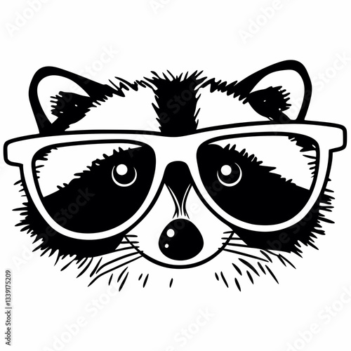 a cute raccoon wearing eyeglasses, presented in a black and white illustration style