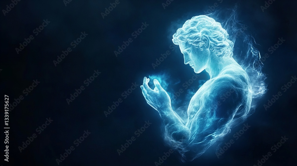 Glowing male statue is holding bright light between its hands against a dark background, its form partially dissipating into swirling energy, creating Glowing male statue is holding bright light between its hands against a dark background, its form partially dissipating into swirling energy, creating