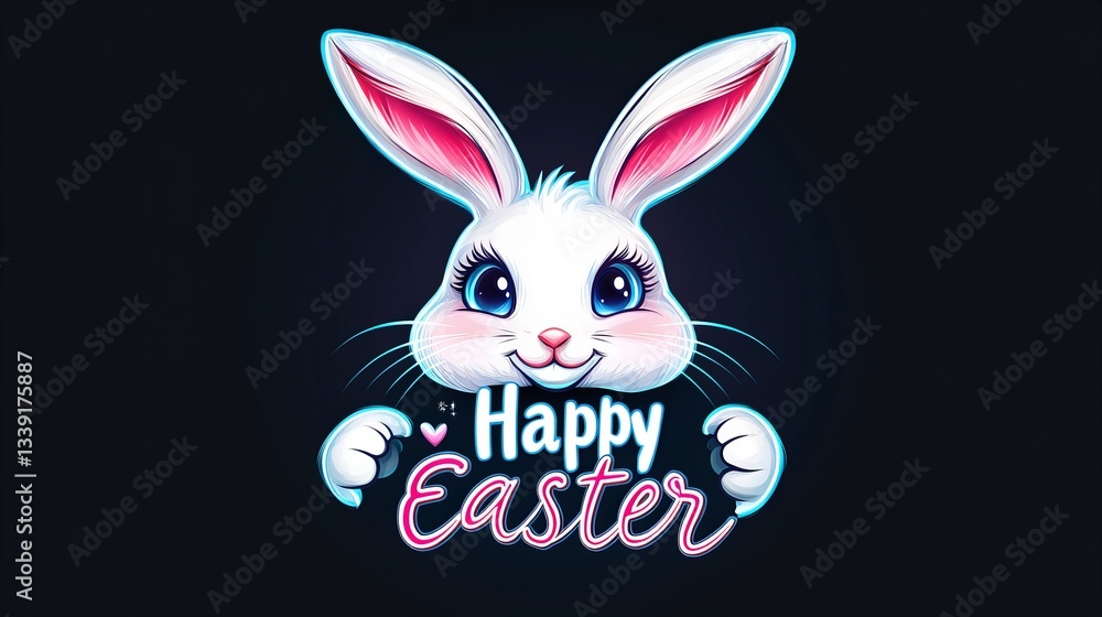 Fototapeta premium Glowing white bunny with pink ear details appears in a digital illustration with large blue eyes and whiskers, holding a 'Happy Easter' neon sign agai