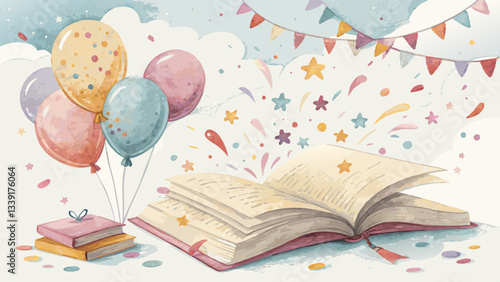 Watercolor literacy celebration background, joyful confetti and balloons in soft colors surrounding an open book, festive and uplifting with copy space  
