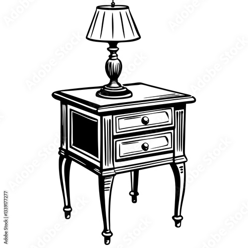 an antique bedside table with a lamp, drawers and decorative legs. It has a classic design, providing an elegant touch to any interior setting.