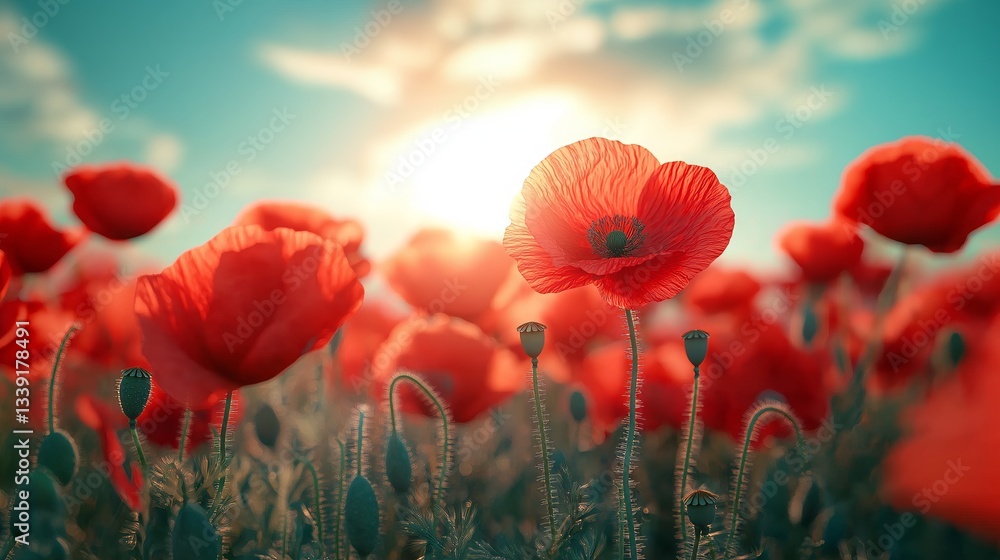Fototapeta premium Vibrant poppy field under sunset, creating serene atmosphere with blooming flowers. Concept: poppy field embodies beauty, tranquility, warmth, and nature's charm.