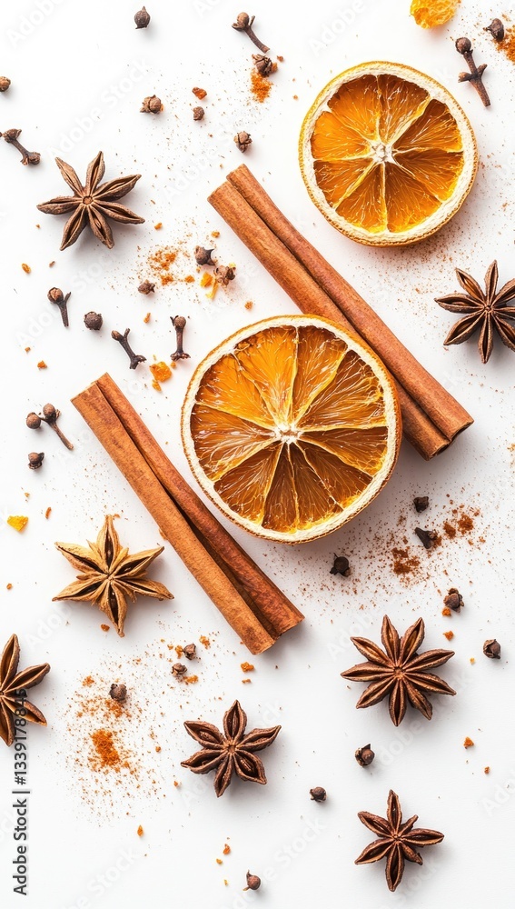 Dried orange slices, cinnamon sticks, star anise, and cloves arranged on white background Dried orange slices, cinnamon sticks, star anise, and cloves arranged on white background