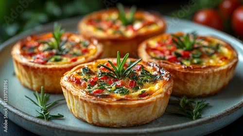 Elegant Mini Quiches for Upscale Brunch: Fresh Herbs and Vegetables Decorated on a Light Blue Plate