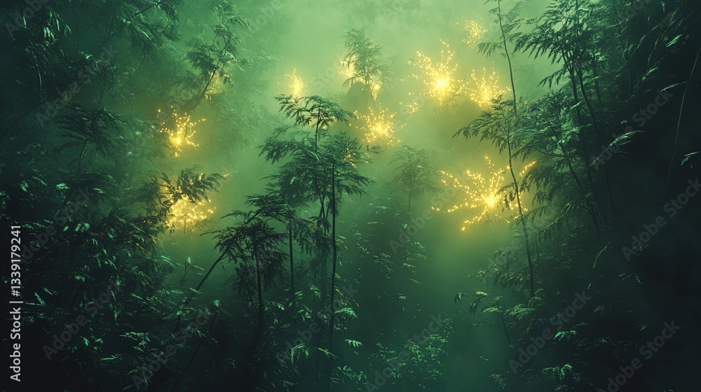 Obraz premium A surreal jungle with glowing plants and mist illuminated by bioluminescent vines 