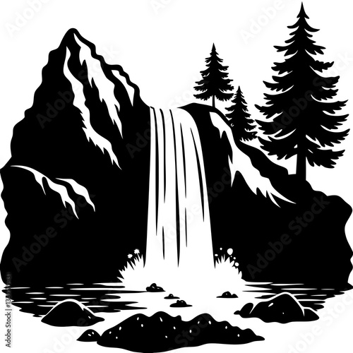 a waterfall cascades down a mountain with evergreen trees, landscape in monochrome illustration.