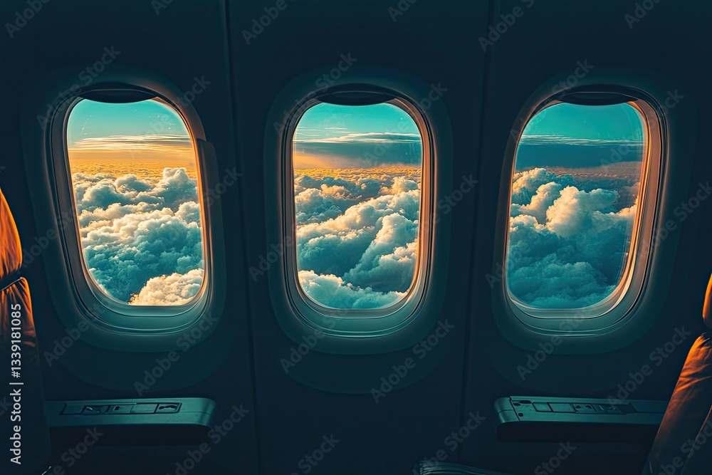 Plane window view of clouds at sunset Plane window view of clouds at sunset