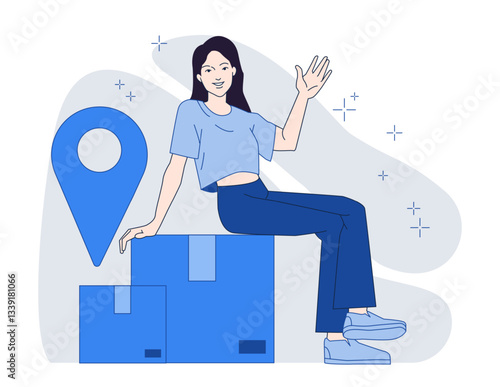 A smiling woman sits on stacked packages while waving, with a location pin icon beside her. The background is light gray with abstract shapes. Concept of delivery service. Vector illustration