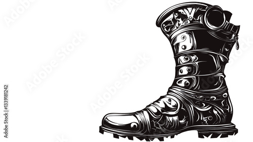 A detailed monochrome illustration of a high-top combat boot adorned with an intricate floral and possibly skull-like pattern. The boot features a zipper, buckles, and a thick sole. The style is