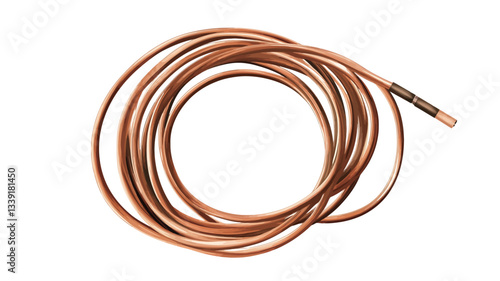 High-angle, close-up view of a length of brown copper tubing neatly coiled into a circle. The tubing appears smooth and shiny with a consistent color. The background is pure white, providing high