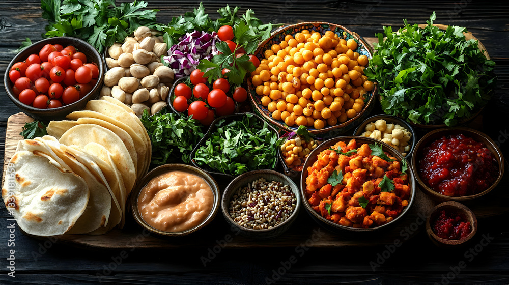 Assorted Taco Bar Ingredients On Wooden Board Assorted Taco Bar Ingredients On Wooden Board
