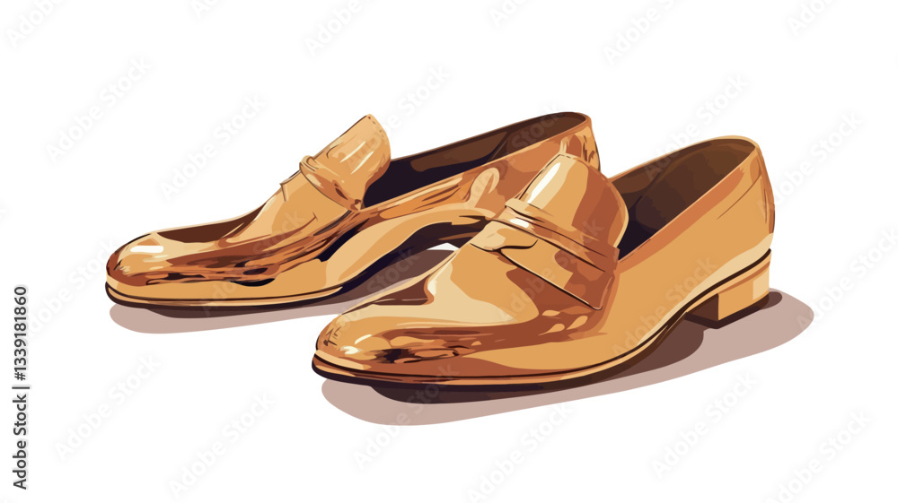 Naklejka premium Digital illustration depicting a pair of gold-colored men's loafer shoes. The shoes are highly polished, exhibiting a reflective surface that showcases highlights and shadows. The style is classic