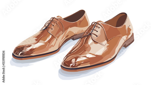 A digital illustration depicting a pair of men's brown leather oxford shoes. The shoes are highly polished, resulting in a significant reflection of light across their surfaces. The illustration