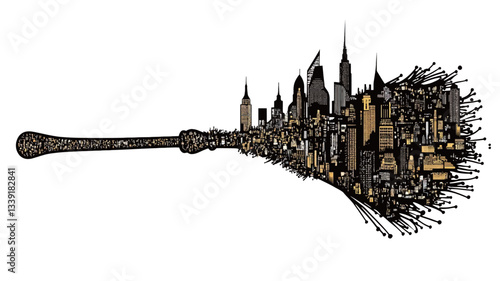 The image is a stylized illustration of a cityscape.  The illustration depicts a long, narrow, dark shape resembling a compressed or telescoped perspective of a city skyline.  The buildings are