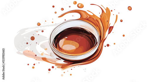 A digital illustration depicts a shallow white bowl partially filled with a dark brown liquid.  The liquid is dynamically splashed outwards from the bowl, creating swirling, dynamic forms. The