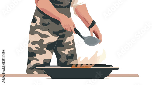 A stylized vector illustration shows a mid-section view of a person wearing camouflage pants and an apron.  The individual is using a large spatula to stir food in a dark-colored, wide, flat pan or
