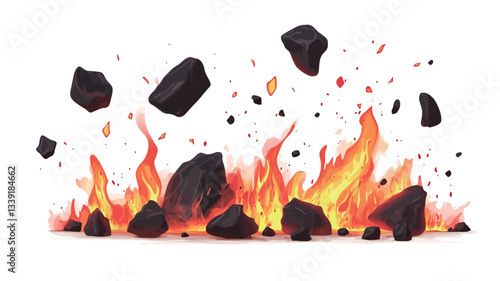 An illustration depicting a collection of dark gray and black coal embers and bright orange and yellow flames against a white background.  The embers are of varying sizes and appear to be both at
