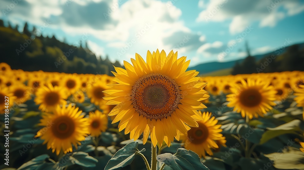 Obraz premium Bright yellow sunflowers dominate sunflower field, against clear blue sky, fluffy clouds, serene atmosphere. Concept: sunflower field embodies beauty and tranquility.