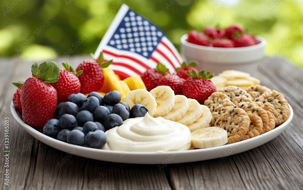 A colorful fruit platter featuring strawberries, blueberries, bananas, and cookies, with an American flag, perfect for Independence Day festivities outdoors. A colorful fruit platter featuring strawberries, blueberries, bananas, and cookies, with an American flag, perfect for Independence Day festivities outdoors.
