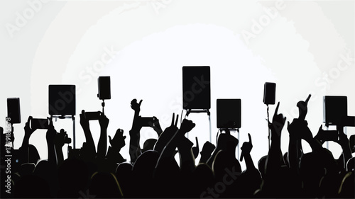 The image shows a large crowd of people silhouetted against a bright white background.  The silhouettes are mostly indistinguishable, with raised arms and hands holding rectangular signs of varying