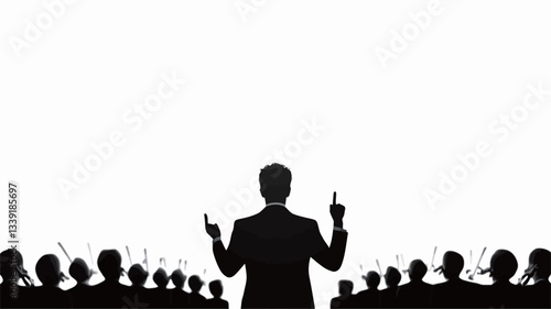 The image is a monochrome silhouette photograph.  It depicts a person, presumably a speaker, standing with arms raised in a gesture of address. The speaker is positioned centrally, facing away from