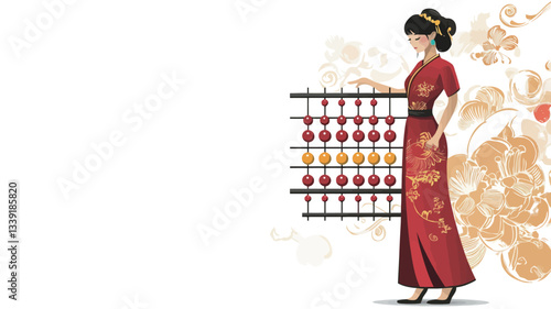 The image is a vector illustration featuring a woman in a long red dress with Asian-inspired design elements. She stands facing right, holding a large abacus. The background is predominantly white