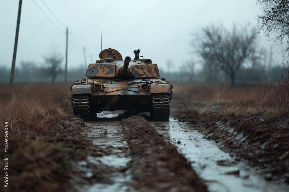 Fototapeta premium Tank on a Muddy Road