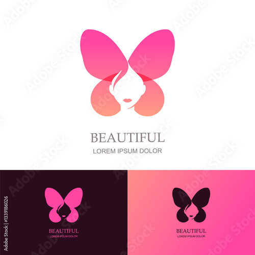 Butterfly and female face icon. Woman logo sign design. Vector illustration. Concept for beauty salon, cosmetic label