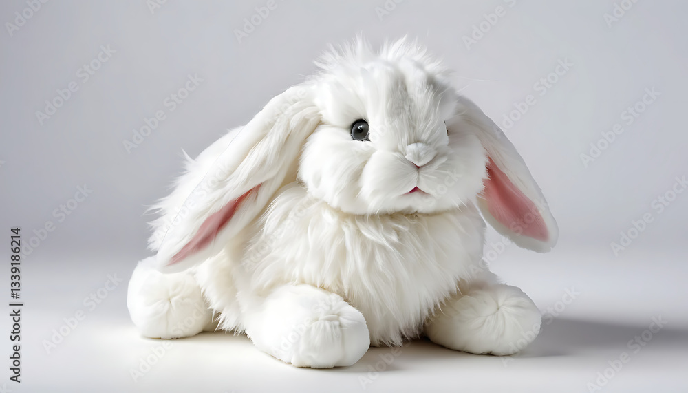 Fototapeta premium Cute White Lop-Eared Bunny Plush Toy Sitting on Soft Background