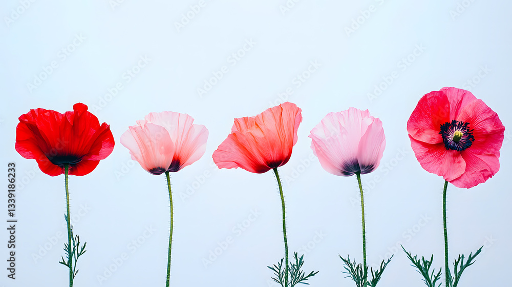 Fototapeta premium Poppy Panorama: A vibrant line-up of five poppies, showcasing a spectrum of pinks and reds, their delicate petals unfurling in a delicate dance of nature.