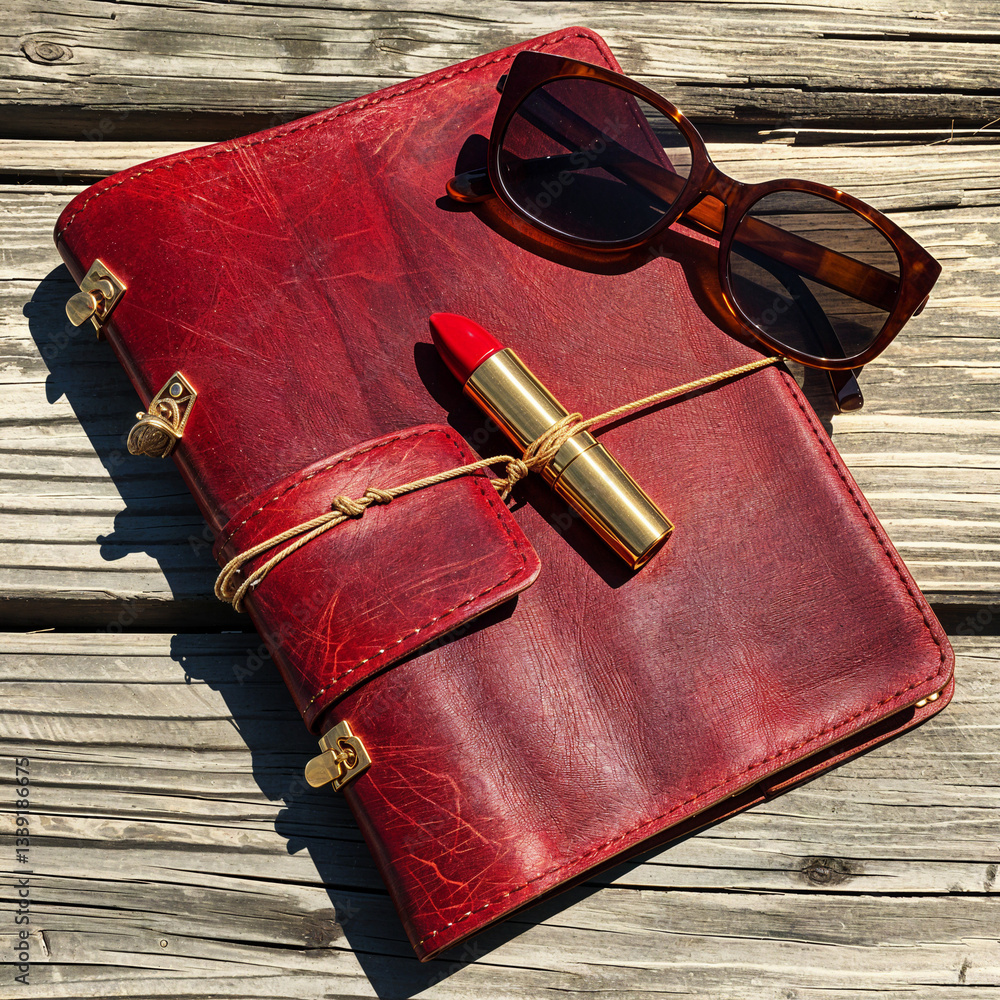 Naklejka premium Red Leather Journal, Sunglasses, and Lipstick on Wooden Background