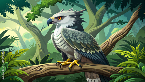 vector of regal harpy eagle perched on an ancient tree branch, its sharp talons gripping the bark as it scans the jungle below with a commanding gaze
