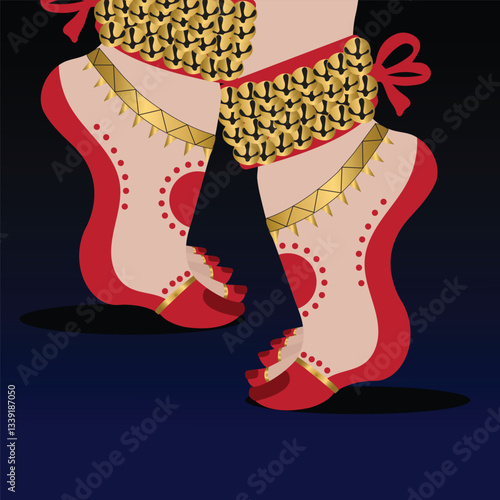 This vibrant digital illustration captures the elegance and rhythm of classical dance through the poised feet of a dancer adorned with ghungroos (ankle bells). 