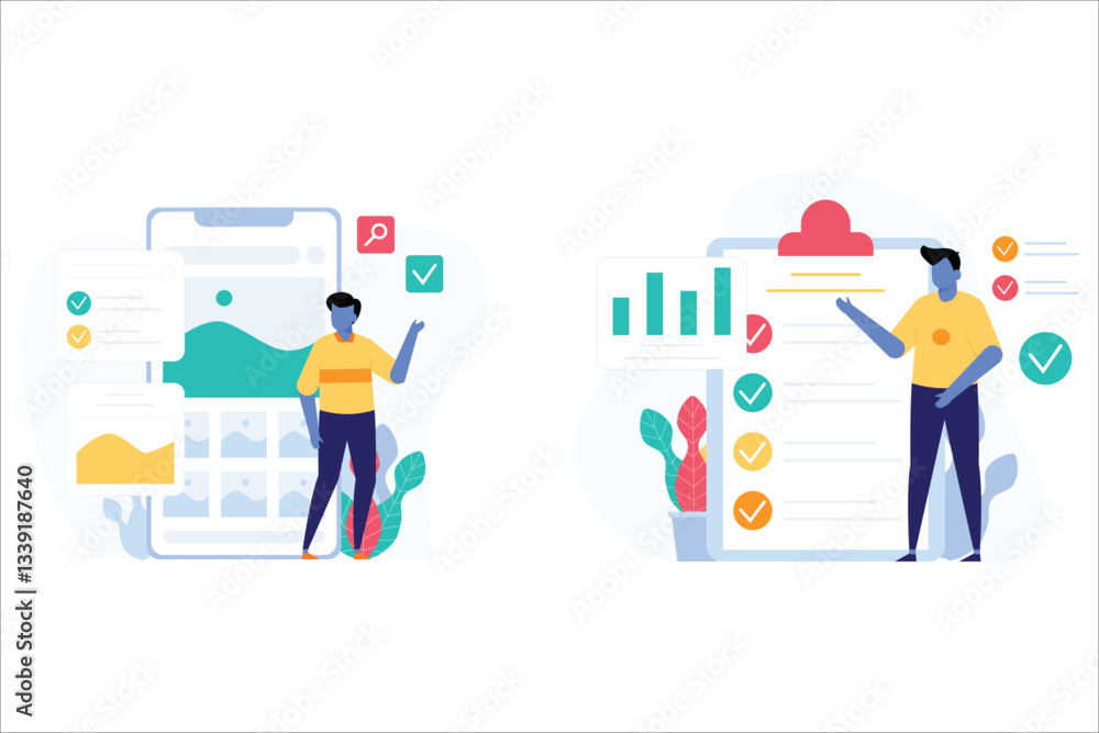Two People Presenting Business Data On Mobile Phone And Checklist Two People Presenting Business Data On Mobile Phone And Checklist