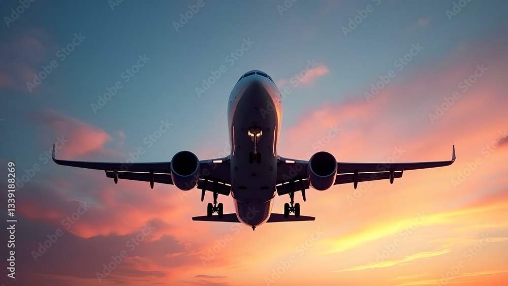 Descent at Dusk: A Large Aircraft Approaches Landing Against a Vibrant Sunset Panorama.
Descent at Dusk: A Large Aircraft Approaches Landing Against a Vibrant Sunset Panorama.