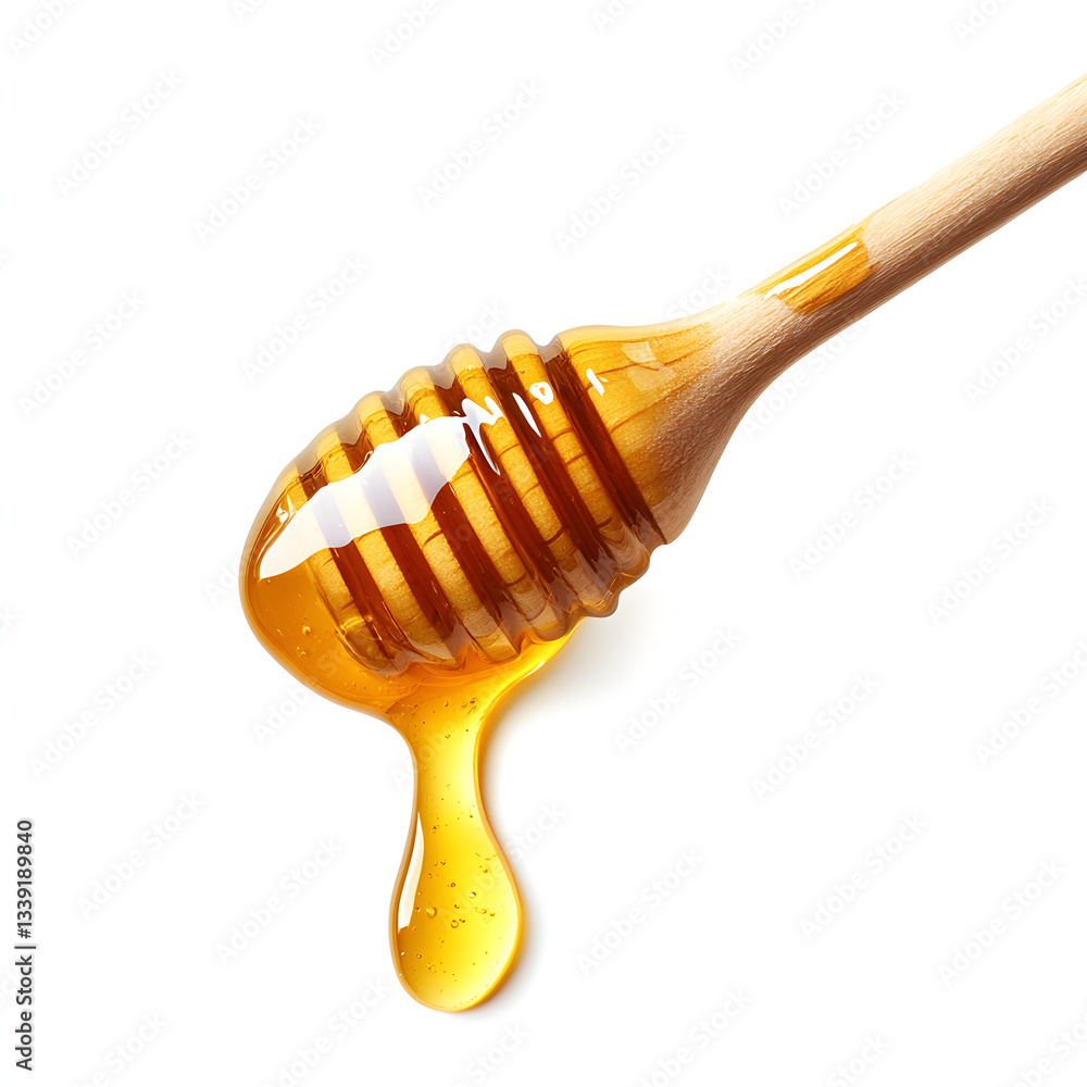 Honey dripping from wooden dipper on white background Honey dripping from wooden dipper on white background