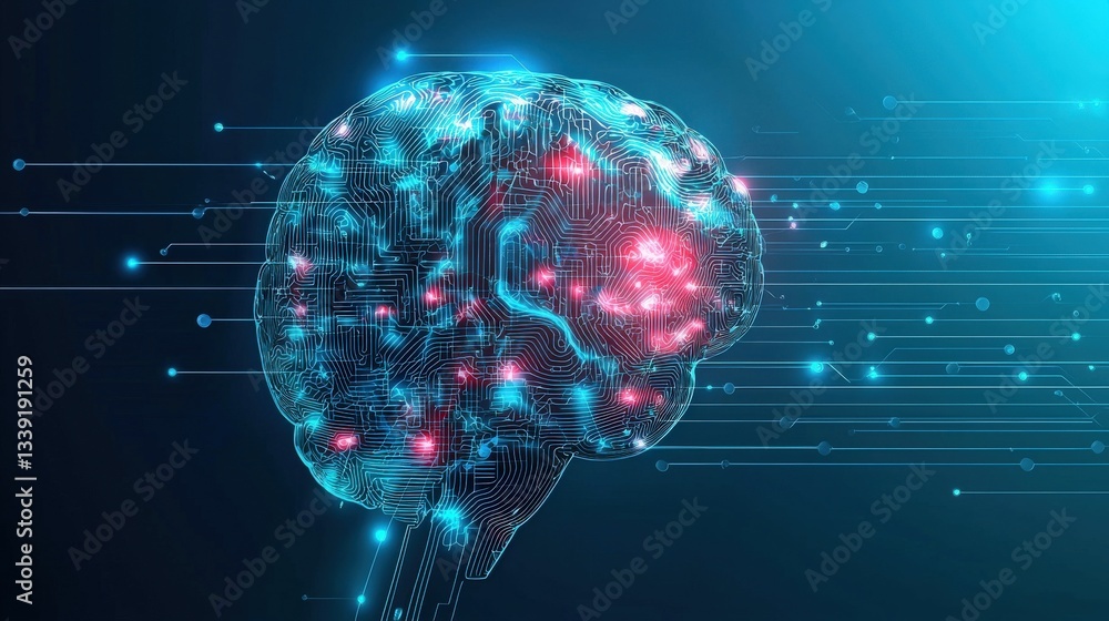 Fototapeta premium Futuristic Brain with Circuit Patterns and Digital Data Flow