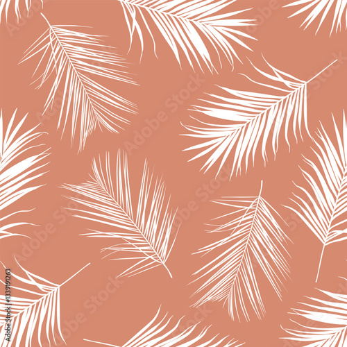 Nature seamless pattern. Hand drawn tropical summer background: beige brown white palm tree leaves, line art background.