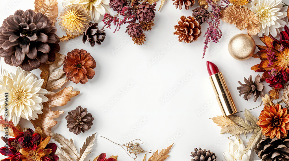 Fototapeta premium Autumn Makeup Flatlay: Red Lipstick, Dried Flowers, and Gold Accents