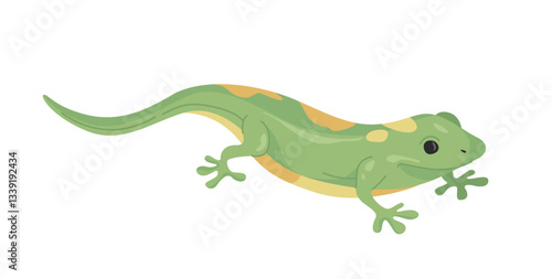 A green gecko with yellow spots crawling, depicted in a cartoon style on a white background. Concept of wildlife, reptiles, and exotic animals. Vector illustration
