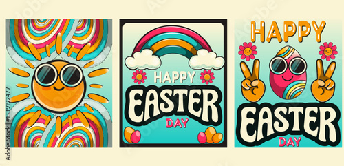 Cartoon posters with a retro 90s aesthetic. Sun, eggs, flowers, rainbow, colorful. Happy easter day in funky groovy style