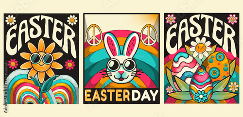 Cartoon set of Easter posters in retro 90s aesthetic. Sun, eggs, flowers, rainbow, colorful. Happy easter day cards in funky groovy style