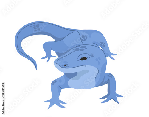 A blue lizard with dark spots on its body, depicted in a stylized vector style. The reptile is positioned dynamically on a white background. Concept of wildlife and nature. Vector illustration