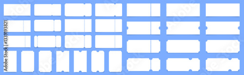 Set of white ticket mockups with ruffle edges and shadows. Empty template. Concert, movie or theater ticket. Boarding blank, lottery, sale coupon