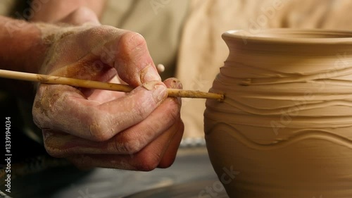 Close up unknown man master craftsman holding using modeling tool making decoration patterns clay pottery jug vase pot potter craft artisan hobby handcraft male artwork earthenware skilled workshop