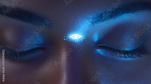 Cosmic Meditation: A close-up of closed eyes with a tiny glowing third-eye symbol, representing deep spiritual healing.