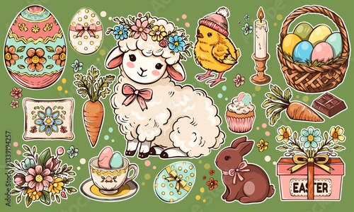 Set Easter cartoon stickers in 90s retro style. Spring elements, rabbits, eggs, Christian holiday, Easter baskets, fluffy lamb, flowers