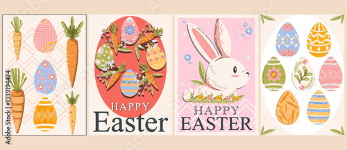 Set Happy Easter Day. Cartoon Minimalist posters. Celebration congratulations cards with eggs, carrots and rabbit