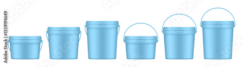 Light blue plastic buckets with handle and lid. Vector mockup of a food or building mixtures packaging. A bucket of paint or putty. Small, medium and large sizes	
